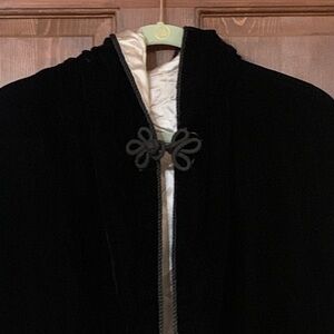 OOAK VINTAGE HANDMADE BLACK SILK VELVET,CREAM SILK SATIN OPERA COAT CLOAK HOODED